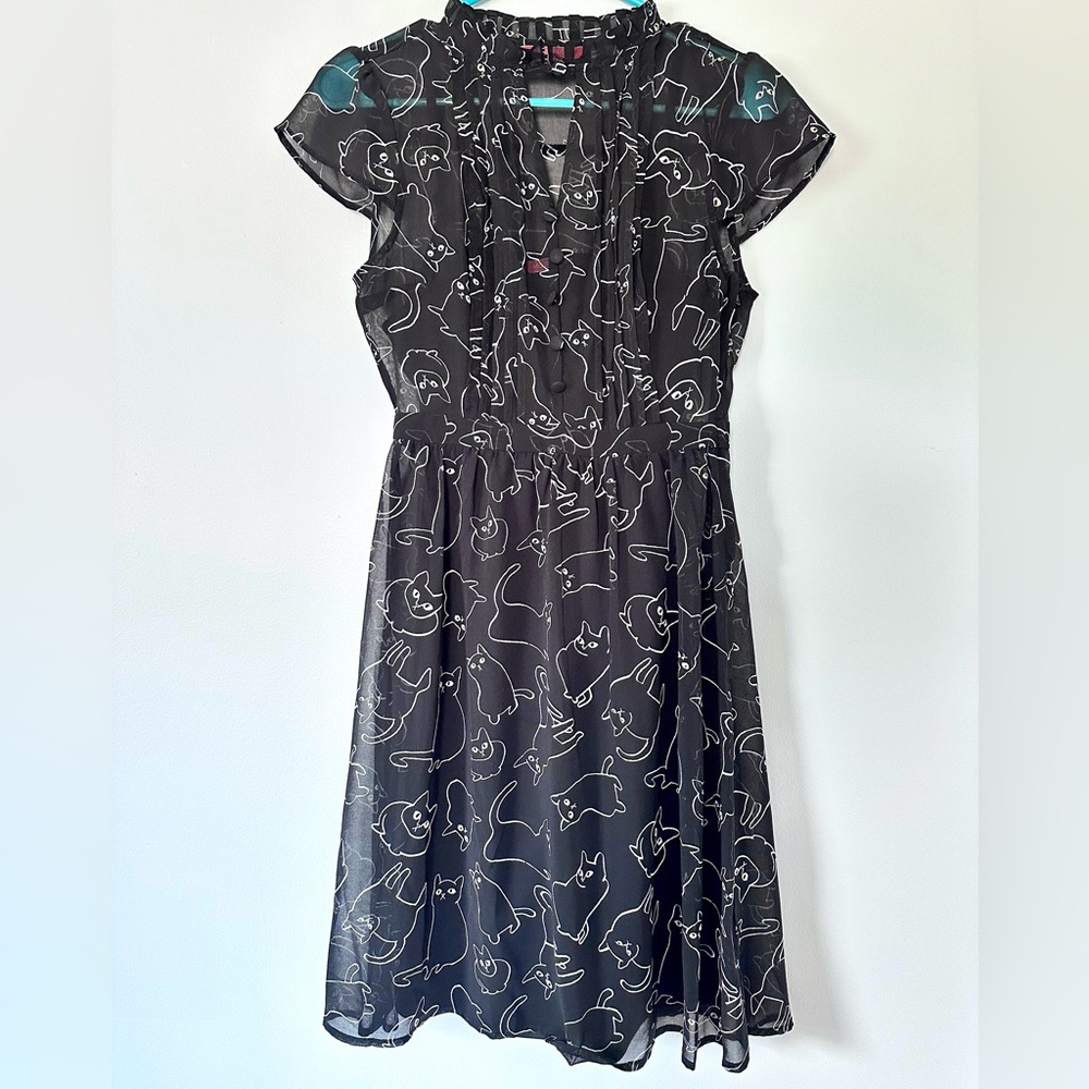 Modcloth Black and White cat Patterned Dress sheer dress with matching slip